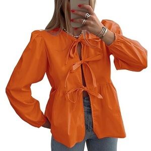 🌙 B134 SHEIN Vibrant Orange Tie-Front Blouse